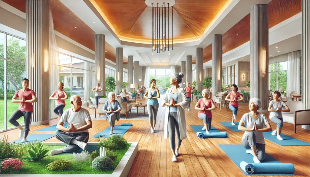 A vibrant senior living community with elderly residents participating in a fitness class, engaging in activities like yoga and light exercise. The image showcases spacious, accessible rooms, beautiful landscaping, and modern amenities promoting healthy living.