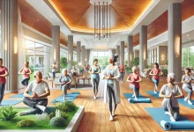 A vibrant senior living community with elderly residents participating in a fitness class, engaging in activities like yoga and light exercise. The image showcases spacious, accessible rooms, beautiful landscaping, and modern amenities promoting healthy living.