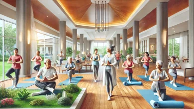 A vibrant senior living community with elderly residents participating in a fitness class, engaging in activities like yoga and light exercise. The image showcases spacious, accessible rooms, beautiful landscaping, and modern amenities promoting healthy living.