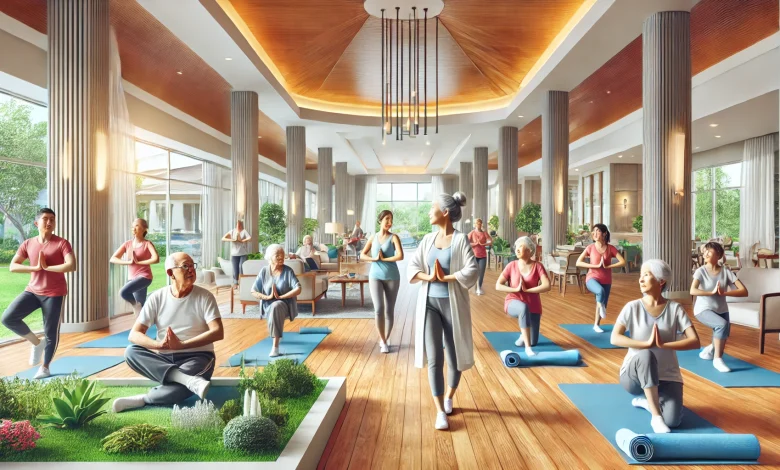 A vibrant senior living community with elderly residents participating in a fitness class, engaging in activities like yoga and light exercise. The image showcases spacious, accessible rooms, beautiful landscaping, and modern amenities promoting healthy living.