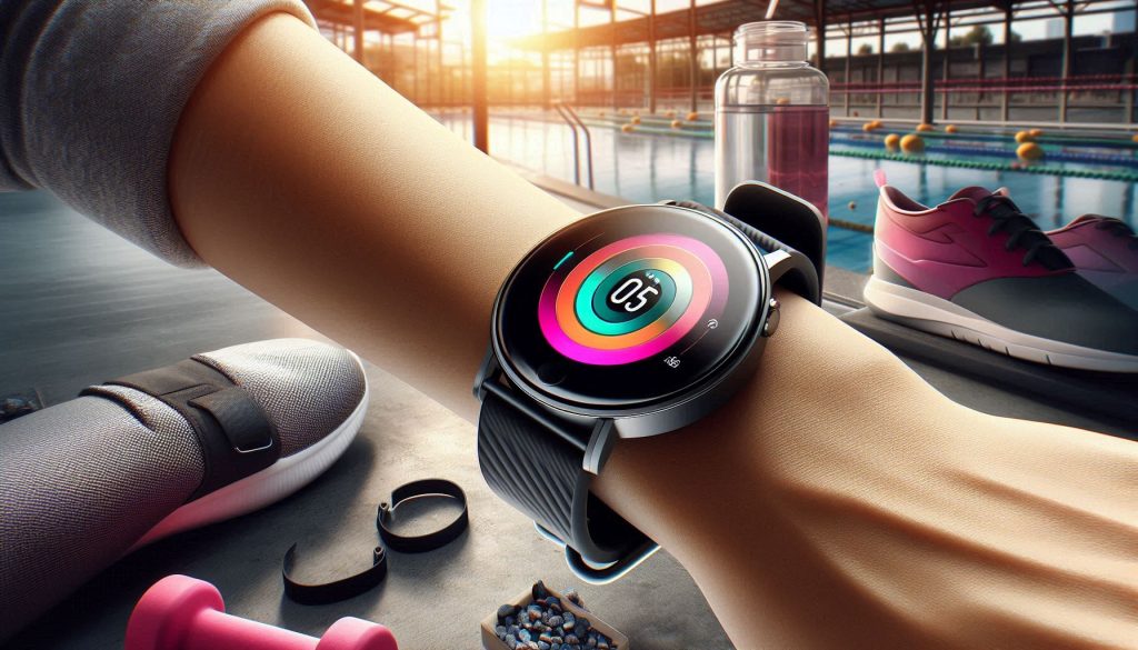 A sleek and modern fitness tracker watch is displayed on a wrist, showcasing its vibrant AMOLED screen. The watch is surrounded by fitness-related items, such as running shoes, a water bottle, and a yoga mat, symbolizing an active and healthy lifestyle. The background features a blurred outdoor setting, highlighting the watch's suitability for both indoor and outdoor activities. The overall image conveys innovation, wellness, and motivation.