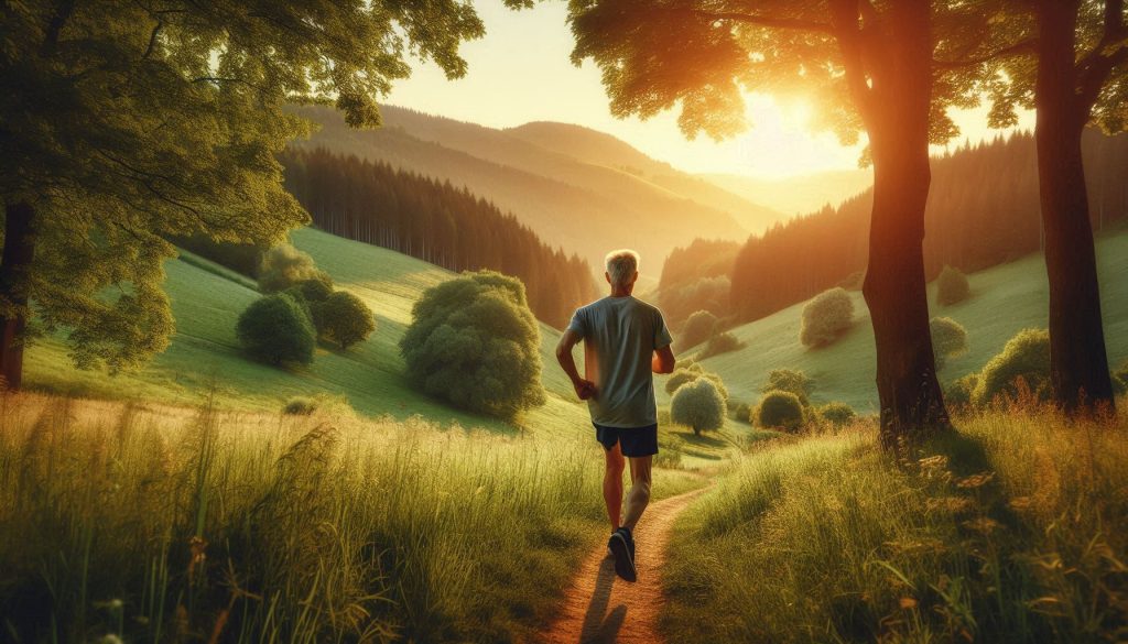 "Mature man jogging on a scenic trail in nature, promoting an active and healthy lifestyle for men of all ages."