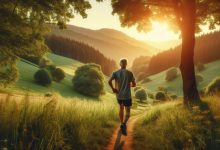 "Mature man jogging on a scenic trail in nature, promoting an active and healthy lifestyle for men of all ages."