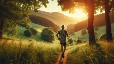 "Mature man jogging on a scenic trail in nature, promoting an active and healthy lifestyle for men of all ages."