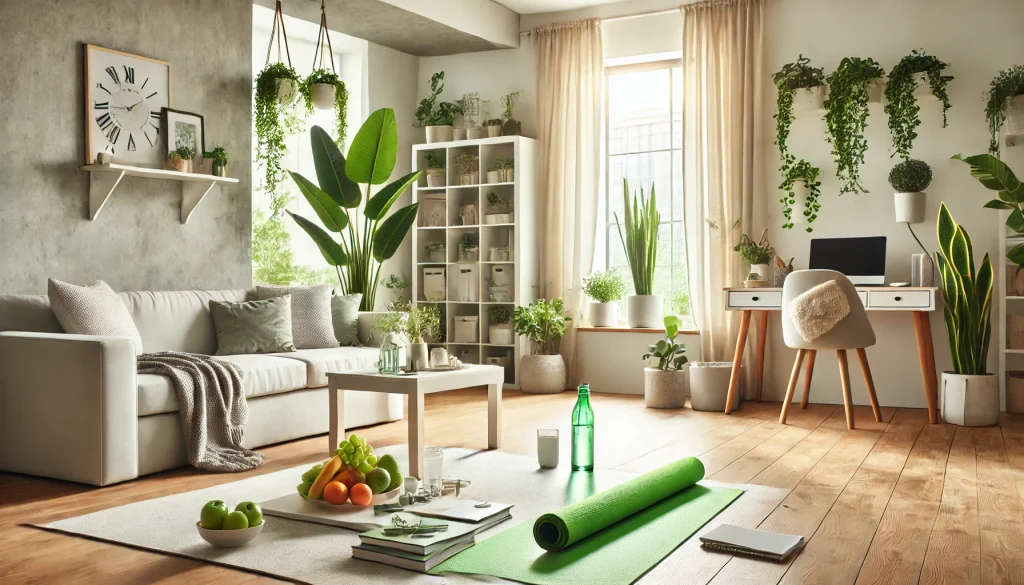 A serene and tidy home environment with natural lighting, green plants, a yoga mat, an organized workspace, and a table of healthy fruits and water, promoting healthy living at home.