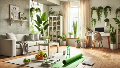 A serene and tidy home environment with natural lighting, green plants, a yoga mat, an organized workspace, and a table of healthy fruits and water, promoting healthy living at home.