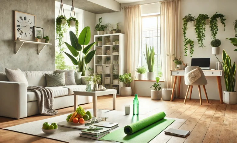 A serene and tidy home environment with natural lighting, green plants, a yoga mat, an organized workspace, and a table of healthy fruits and water, promoting healthy living at home.