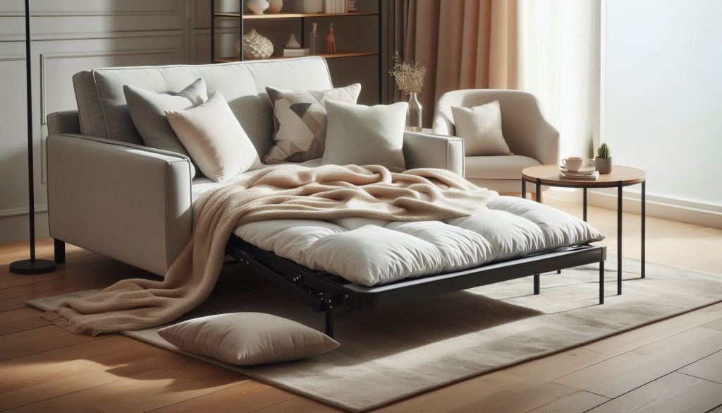 A modern sleeper chair bed in a cozy living room setting, partially unfolded into a bed, with decorative pillows and a soft throw blanket beside a stylish coffee table.