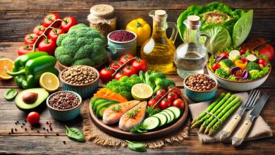 "Healthy balanced meal with vegetables, lean protein, and whole grains promoting sustainable weight loss through the Mediterranean and plant-based diets."