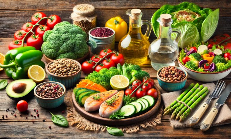 "Healthy balanced meal with vegetables, lean protein, and whole grains promoting sustainable weight loss through the Mediterranean and plant-based diets."