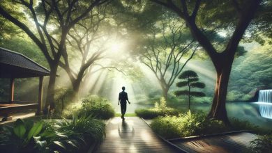 A person walking in a tranquil, green environment, surrounded by trees and soft sunlight, practicing mindfulness. The scene evokes a sense of calm and relaxation, emphasizing the importance of nature for stress relief and mindfulness.