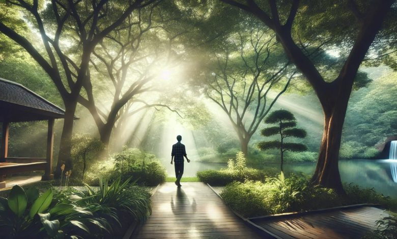 A person walking in a tranquil, green environment, surrounded by trees and soft sunlight, practicing mindfulness. The scene evokes a sense of calm and relaxation, emphasizing the importance of nature for stress relief and mindfulness.