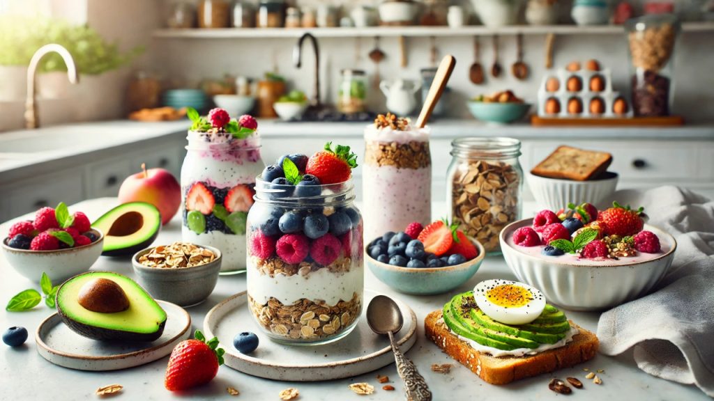 "A variety of healthy breakfast options displayed on a kitchen counter, including overnight oats with berries, a Greek yogurt parfait with granola and fresh fruit, avocado toast topped with a boiled egg, and a smoothie bowl garnished with nuts and seeds. The scene is well-lit with natural light, featuring a clean, modern kitchen and simple white plates and bowls showcasing the colorful, nutritious meals."