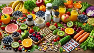 A variety of fruits and vegetables supplements, including powdered supplements, capsules, and tablets, arranged on a wooden surface with vibrant fruits, leafy greens, broccoli, and carrots. The scene also includes containers of supplement powders, bottles of capsules, and a glass of water, promoting a healthy, balanced lifestyle.