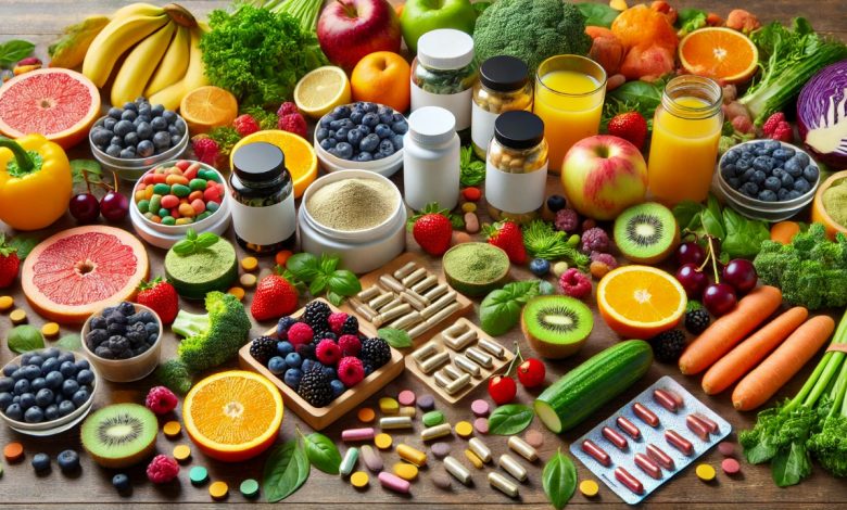 A variety of fruits and vegetables supplements, including powdered supplements, capsules, and tablets, arranged on a wooden surface with vibrant fruits, leafy greens, broccoli, and carrots. The scene also includes containers of supplement powders, bottles of capsules, and a glass of water, promoting a healthy, balanced lifestyle.