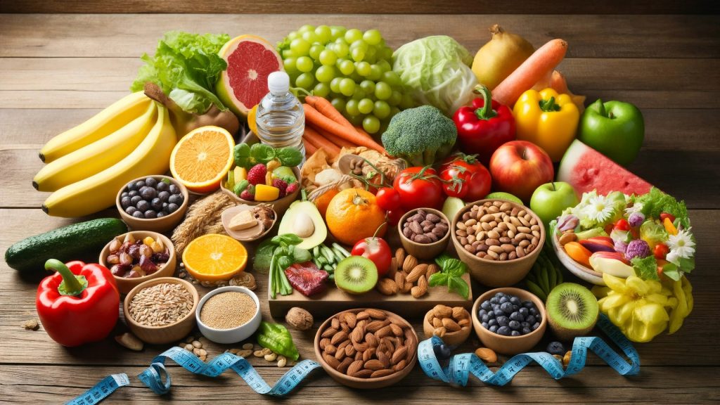 A variety of healthy foods, including fruits, vegetables, whole grains, lean proteins, and plant-based foods, arranged on a wooden table. The image also features a measuring tape and a water bottle, symbolizing healthy lifestyle choices for weight loss and management.