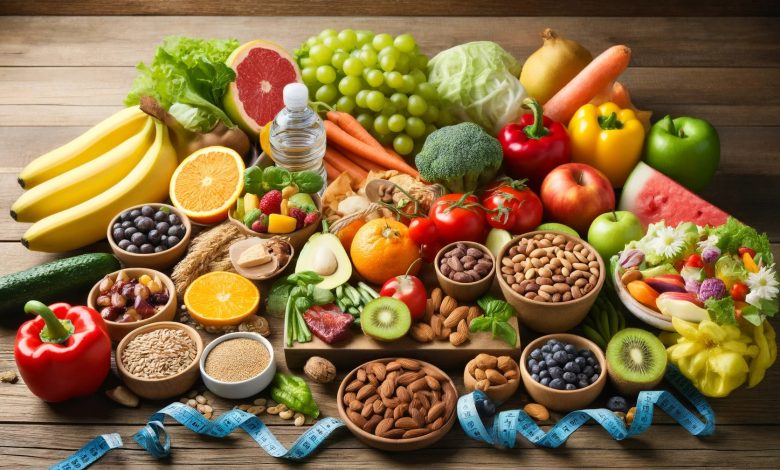 A variety of healthy foods, including fruits, vegetables, whole grains, lean proteins, and plant-based foods, arranged on a wooden table. The image also features a measuring tape and a water bottle, symbolizing healthy lifestyle choices for weight loss and management.