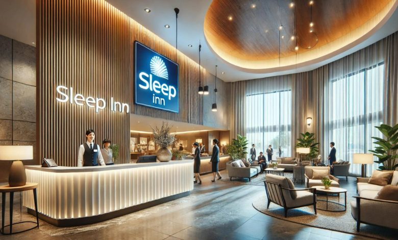 A modern, clean Sleep Inn hotel lobby with bright lighting and stylish furniture, creating a welcoming and cozy atmosphere. The reception desk is staffed by a friendly employee, and guests are either checking in or relaxing in the lobby.