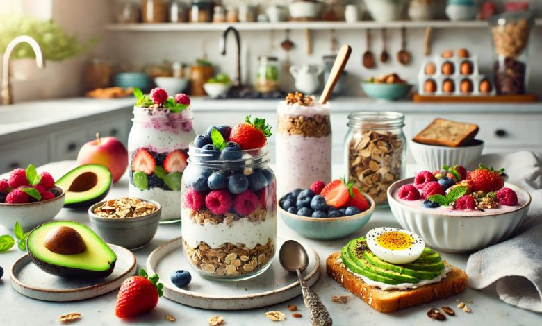 "A variety of healthy breakfast options displayed on a kitchen counter, including overnight oats with berries, a Greek yogurt parfait with granola and fresh fruit, avocado toast topped with a boiled egg, and a smoothie bowl garnished with nuts and seeds. The scene is well-lit with natural light, featuring a clean, modern kitchen and simple white plates and bowls showcasing the colorful, nutritious meals."