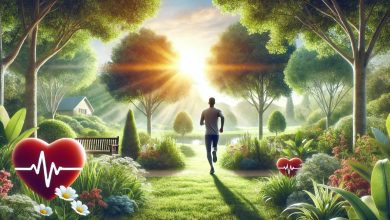 A person jogging in a sunny park, surrounded by lush greenery, trees, and flowers. The scene symbolizes an active, heart-healthy lifestyle, highlighting the importance of outdoor exercise for preventing heart disease.