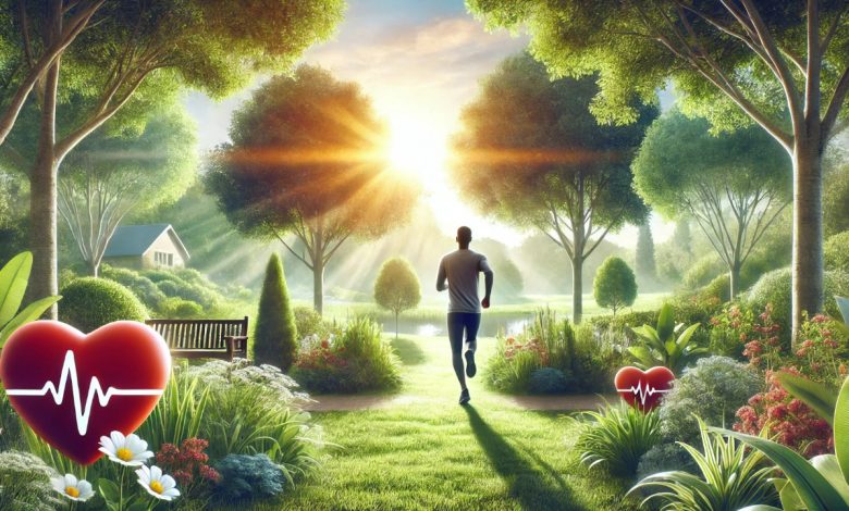 A person jogging in a sunny park, surrounded by lush greenery, trees, and flowers. The scene symbolizes an active, heart-healthy lifestyle, highlighting the importance of outdoor exercise for preventing heart disease.