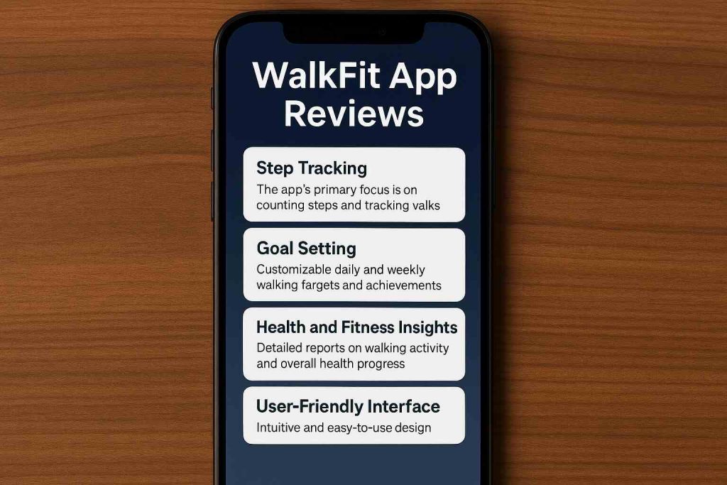 "A smartphone screen showcasing reviews for the WalkFit app, highlighting key features like step tracking, goal setting, health and fitness insights, and its user-friendly interface. The app’s features are neatly outlined in white and black sections with a bold blue header, placed on a warm wooden surface."
