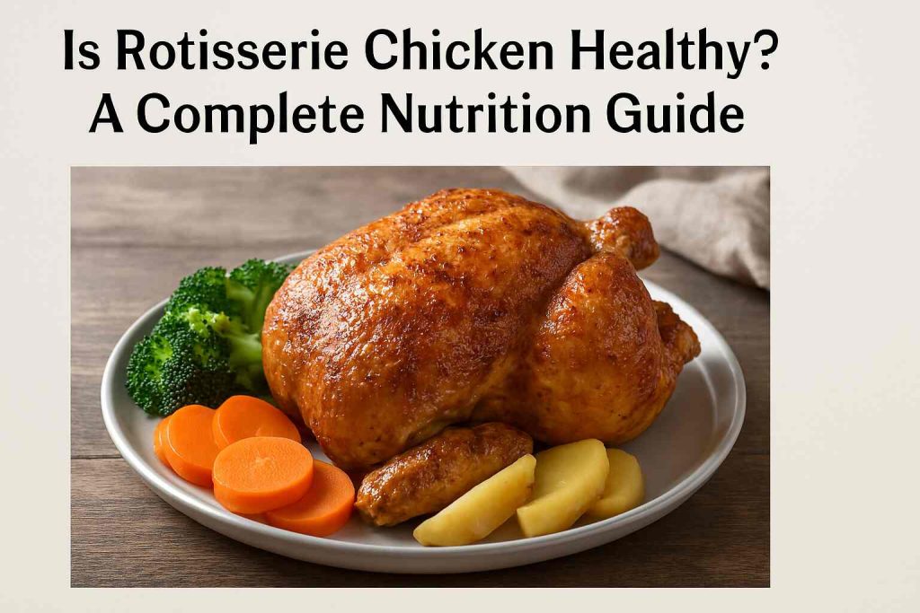 A golden-brown rotisserie chicken with crispy skin served on a plate with steamed broccoli, roasted potatoes, and carrots, set on a rustic wooden table.