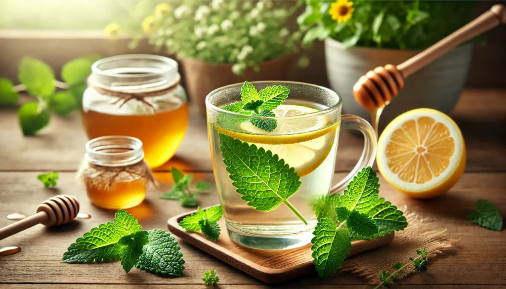 A refreshing glass of lemon balm detox tea, garnished with a slice of lemon and fresh lemon balm leaves, placed on a wooden table with honey and mint. The scene is softly lit, creating a peaceful and health-conscious atmosphere.