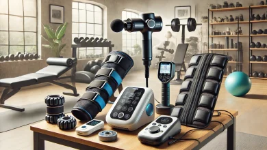 A variety of muscle recovery devices displayed on a table in a well-lit gym or home workout space, including a massage gun, compression therapy cuffs, cryotherapy ice packs, an EMS device, and an infrared therapy tool, with fitness equipment like dumbbells and yoga mats in the background.