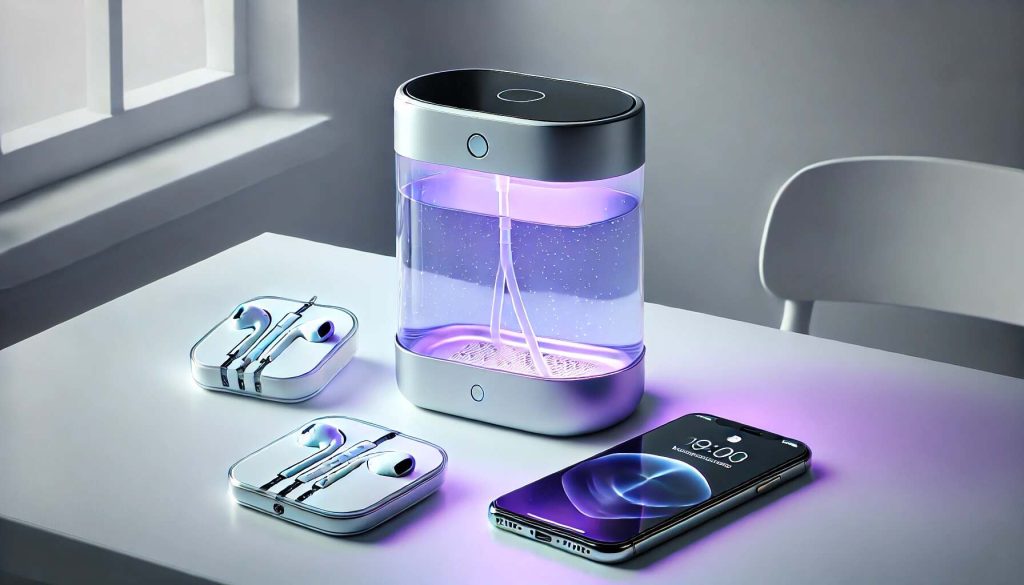 A sleek UV light sanitizer disinfecting a smartphone and earphones, emitting a soft purple glow in a clean desk setup.