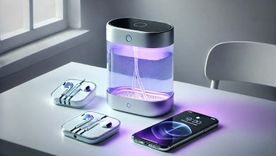 A sleek UV light sanitizer disinfecting a smartphone and earphones, emitting a soft purple glow in a clean desk setup.