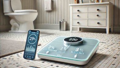 "A modern smart scale placed on a bathroom floor, with a smartphone displaying body composition data such as body fat percentage, muscle mass, and weight. The scale features a sleek, glass design, and the smartphone shows the app interface. The setting is bright and minimalistic, with neutral bathroom decor."