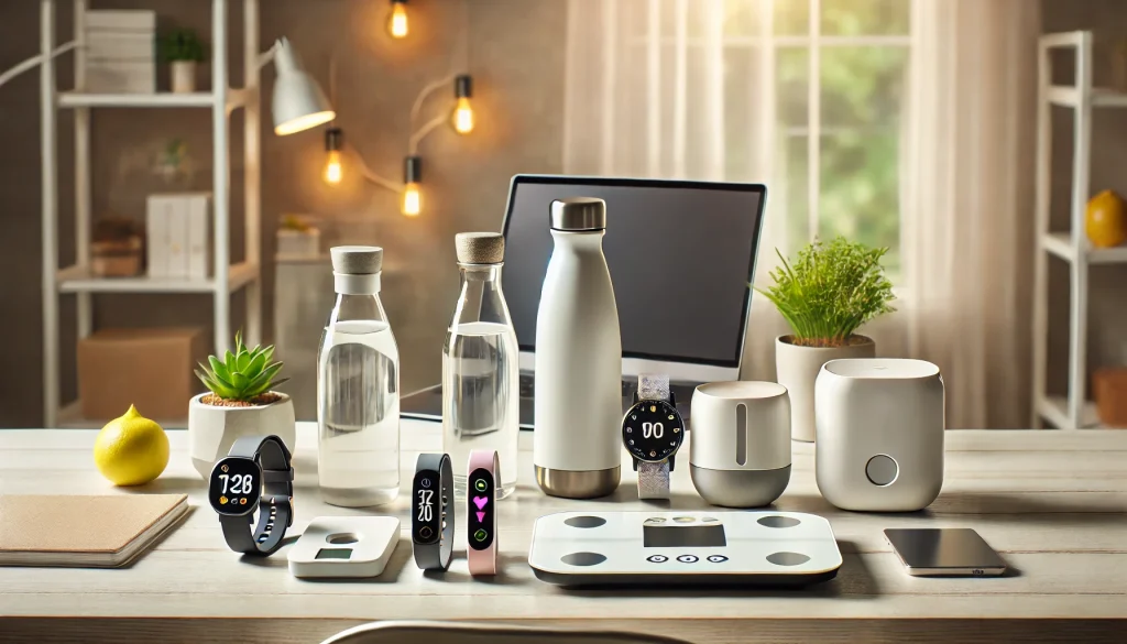 "A collection of health gadgets including a fitness tracker, smart water bottle, smart scale, sleep tracker, smart diffuser, and a blood pressure monitor, arranged neatly on a modern desk in a clean and balanced workspace."