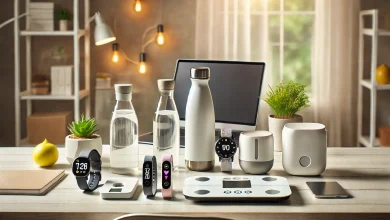 "A collection of health gadgets including a fitness tracker, smart water bottle, smart scale, sleep tracker, smart diffuser, and a blood pressure monitor, arranged neatly on a modern desk in a clean and balanced workspace."