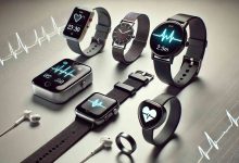A collection of different wearable devices for heart rate monitoring, including a smartwatch, fitness tracker, ECG monitor, and a heart rate monitor ring, placed on a flat surface.
