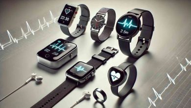 A collection of different wearable devices for heart rate monitoring, including a smartwatch, fitness tracker, ECG monitor, and a heart rate monitor ring, placed on a flat surface.