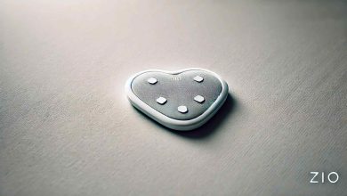 Zio Heart Monitor, a small adhesive heart monitor patch worn on the chest, displayed on a clean background with visible electrodes for heart rate monitoring.