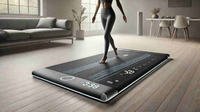 A modern smart yoga mat laid out on the floor with embedded sensors, highlighting its sleek design and technology, in a neutral and calming setting.