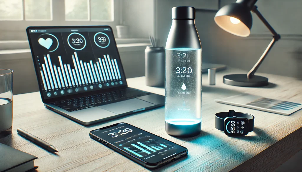 A smart water bottle with an LED glow, placed on a desk next to a smartphone showing hydration tracking app data, set in a minimalist workspace with fitness items like a smartwatch, emphasizing the high-tech approach to staying hydrated.