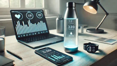 A smart water bottle with an LED glow, placed on a desk next to a smartphone showing hydration tracking app data, set in a minimalist workspace with fitness items like a smartwatch, emphasizing the high-tech approach to staying hydrated.