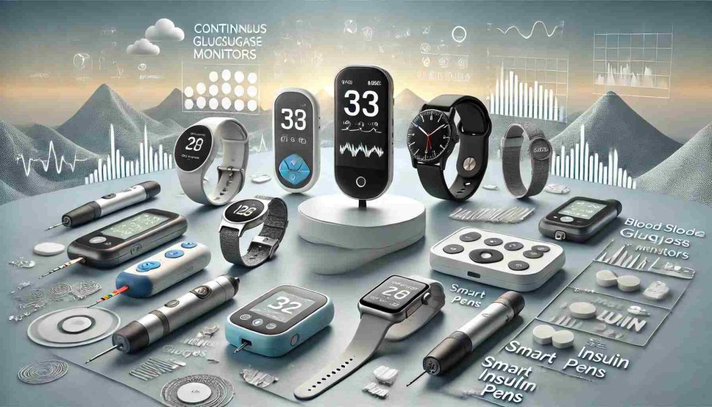 "Various blood sugar monitoring devices, including continuous glucose monitors (CGM), traditional blood glucose meters, smart insulin pens, and smartwatches, placed on a sleek, minimalist surface with labels or icons for clarity."