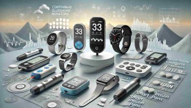 "Various blood sugar monitoring devices, including continuous glucose monitors (CGM), traditional blood glucose meters, smart insulin pens, and smartwatches, placed on a sleek, minimalist surface with labels or icons for clarity."