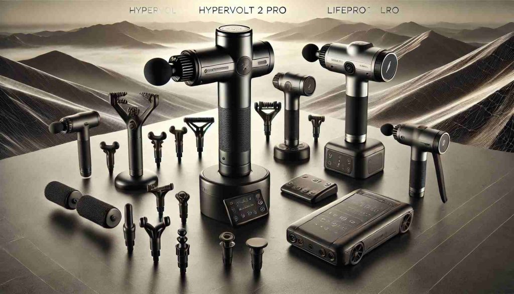 "A variety of massage guns designed for muscle recovery, including models like Hypervolt 2 Pro, Theragun PRO, and LifePro Sonic LX, placed on a sleek, modern surface. The image highlights ergonomic designs, multiple attachments, and adjustable settings, with labels or icons for clarity."