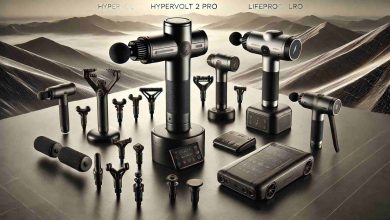 "A variety of massage guns designed for muscle recovery, including models like Hypervolt 2 Pro, Theragun PRO, and LifePro Sonic LX, placed on a sleek, modern surface. The image highlights ergonomic designs, multiple attachments, and adjustable settings, with labels or icons for clarity."