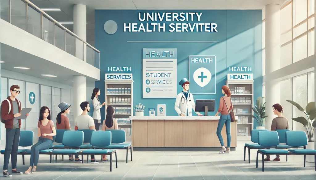 "A well-equipped university health services center on a campus, with students in the waiting area and a nurse or doctor assisting a student at the reception. The setting is modern and welcoming, with health posters on the walls and a calm, professional atmosphere. The background includes medical supplies and student health resources."
