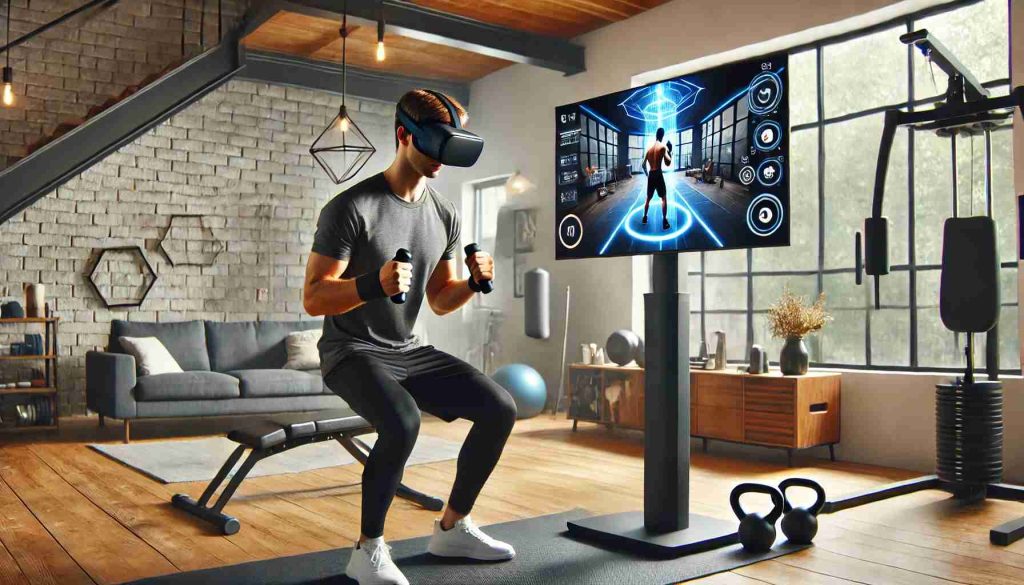 A person wearing a VR headset, participating in a virtual fitness workout, with a dynamic exercise challenge shown on the screen. The background features fitness equipment like weights and a yoga mat in a sleek home gym.