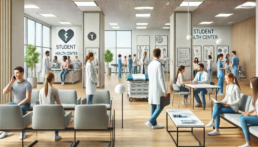 "Interior of a modern student health center at a university, featuring healthcare professionals assisting students in examination rooms and a reception area, creating a comfortable and supportive environment."