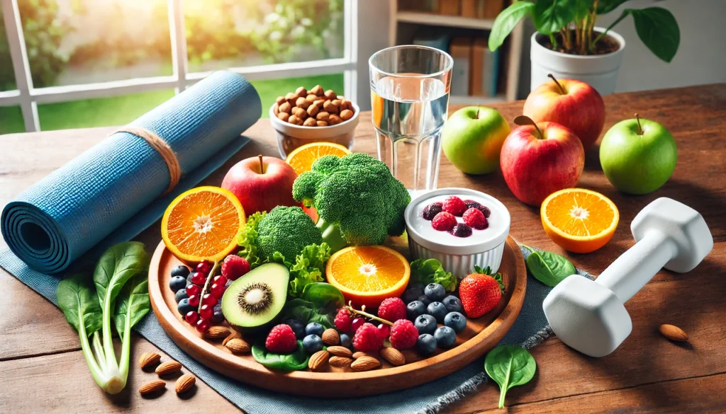 Healthy foods including fruits, vegetables, nuts, yogurt, and water on a table with a yoga mat and dumbbell, symbolizing a strong immune system and wellness.