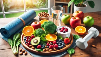 Healthy foods including fruits, vegetables, nuts, yogurt, and water on a table with a yoga mat and dumbbell, symbolizing a strong immune system and wellness.