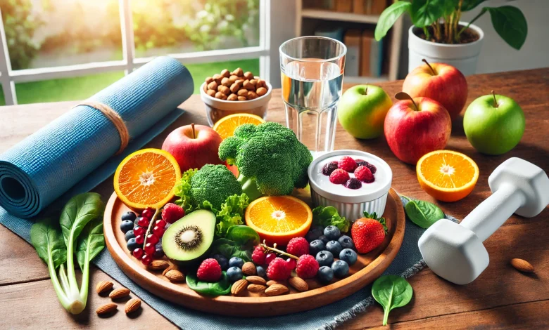 Healthy foods including fruits, vegetables, nuts, yogurt, and water on a table with a yoga mat and dumbbell, symbolizing a strong immune system and wellness.